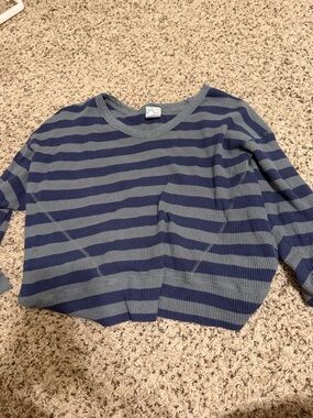 aerie Blue and Gray Striped Waffle-Knit Cropped Sweatshirt